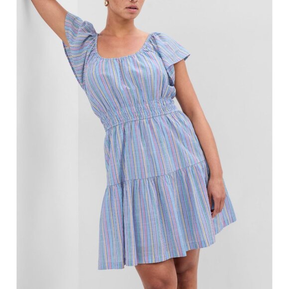 NWT GAP Women's Blue Stripe Fluttered Sleeve Tiered/Smocked Mini Dress Sz Large - Picture 3 of 7